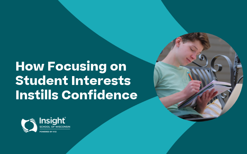 Student writing in a notebook, representing how Insight School of Wisconsin encourages student interests and builds confidence through personalized learning.